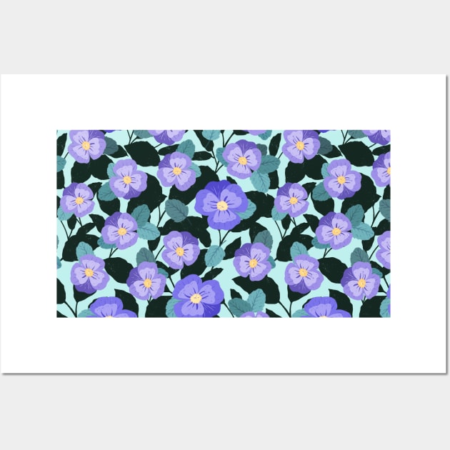 Fancy Pansy floral surface pattern with dark green leaves on pale aqua background Wall Art by MinkkiDraws